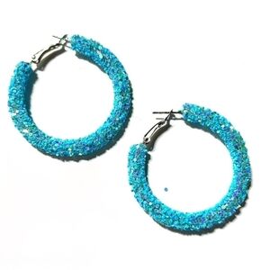 Sparkly Aqua Blue Beaded Sparkler Sequin Hoop Earrings New